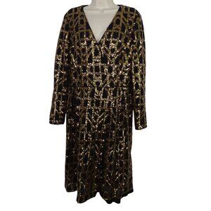 Calvin Klein Black Gold Sequins V-Neck Party Dress Women Size 14 Long Sleeve